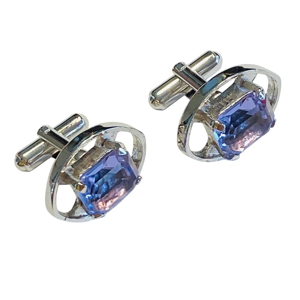 Vintage Y2K Cufflinks Silvertone Settings & Chunky Lavender Purple Rhinestones
